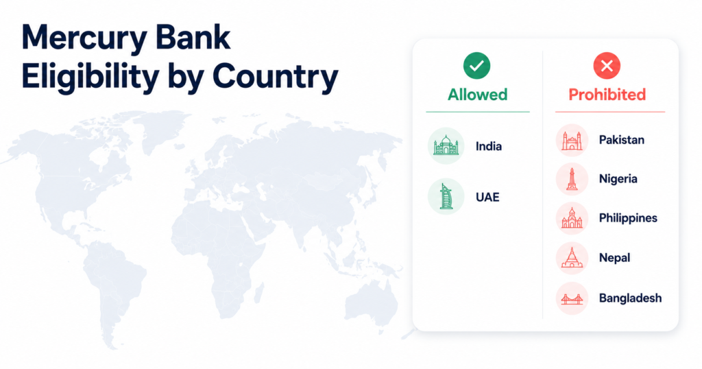 Mercury bank country eligibility for non-resident LLC owners — India and UAE allowed; Pakistan, Nigeria, Philippines, Nepal, Bangladesh prohibited