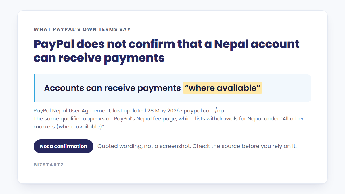 PayPal's Nepal user agreement says accounts can receive payments “where available”, which does not confirm receiving in Nepal