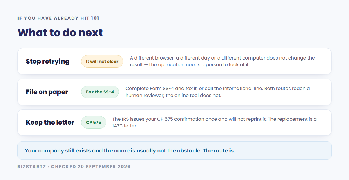 What to do after EIN reference 101: retrying the online tool will not clear it, file Form SS-4 by fax or call the international line to reach a human reviewer, and keep the CP 575 because the IRS issues it only once